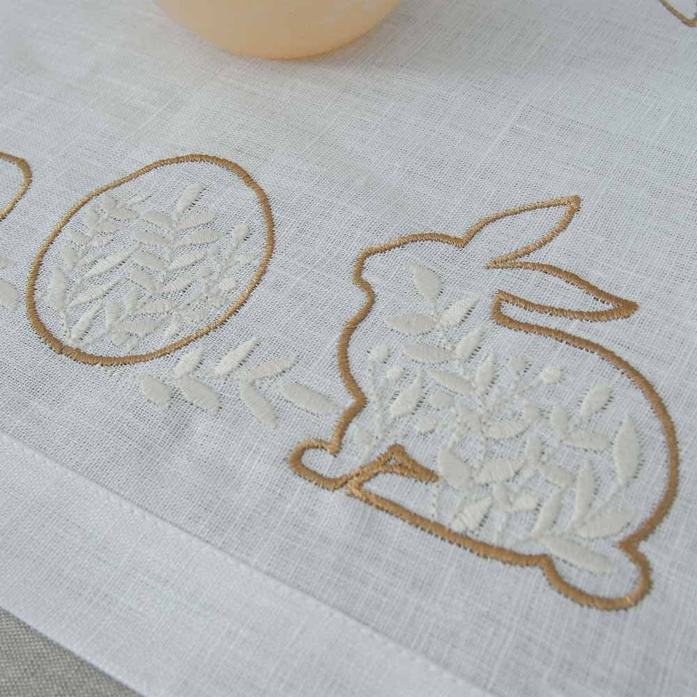 "Easter Mood White Linen Tablecloth 136x40cm with Ukrainian Rabbit Embroidery"