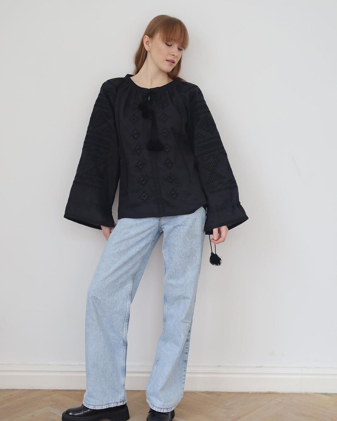 Black Ukrainian Vyshyvanka Blouse | Embroidered Bohemian Ethnic Shirt