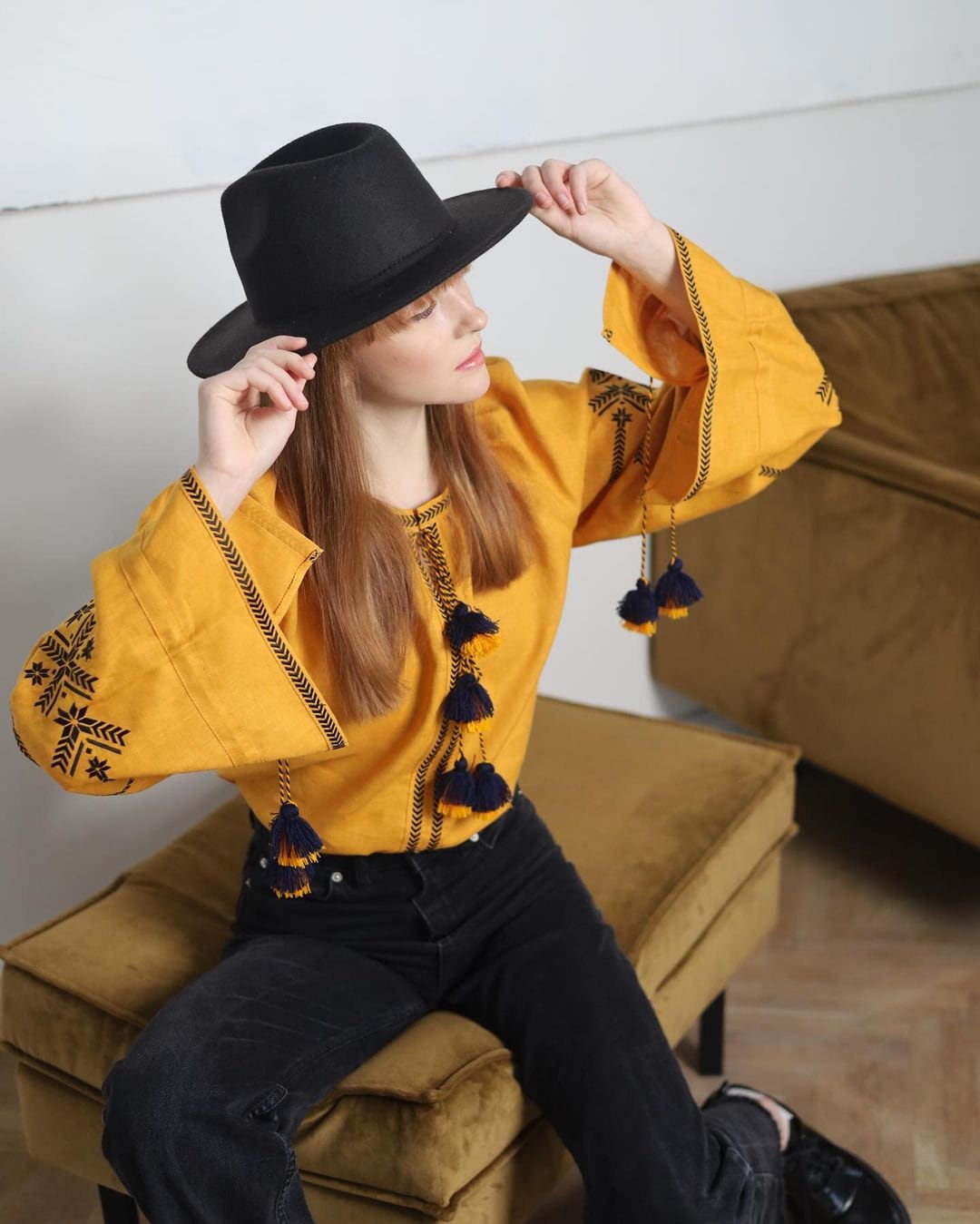 Yellow Ukrainian Vyshyvanka Blouse with Black Embroidery – Women's Linen Top