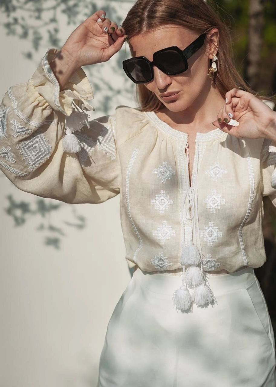 Beige Linen Ukrainian Vyshyvanka Blouse - Embroidered Ethnic Shirt