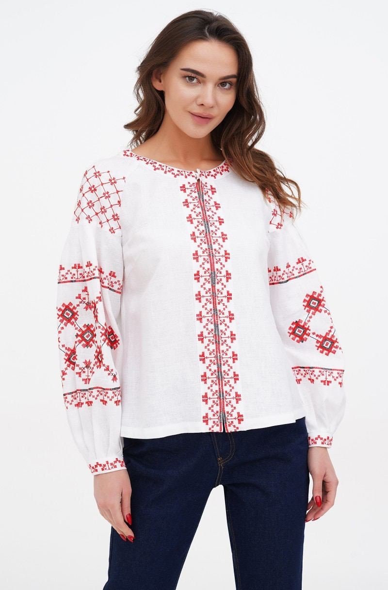 White Ukrainian Embroidered Boho Vyshyvanka Blouse for Women