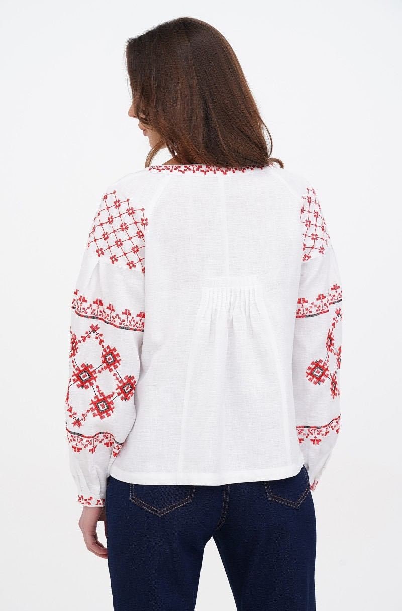 White Ukrainian Embroidered Boho Vyshyvanka Blouse for Women
