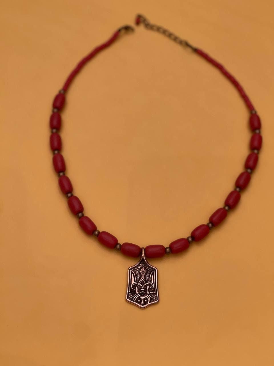 Ukrainian Emblem Ceramic Necklace with Antique Fireplace Beads