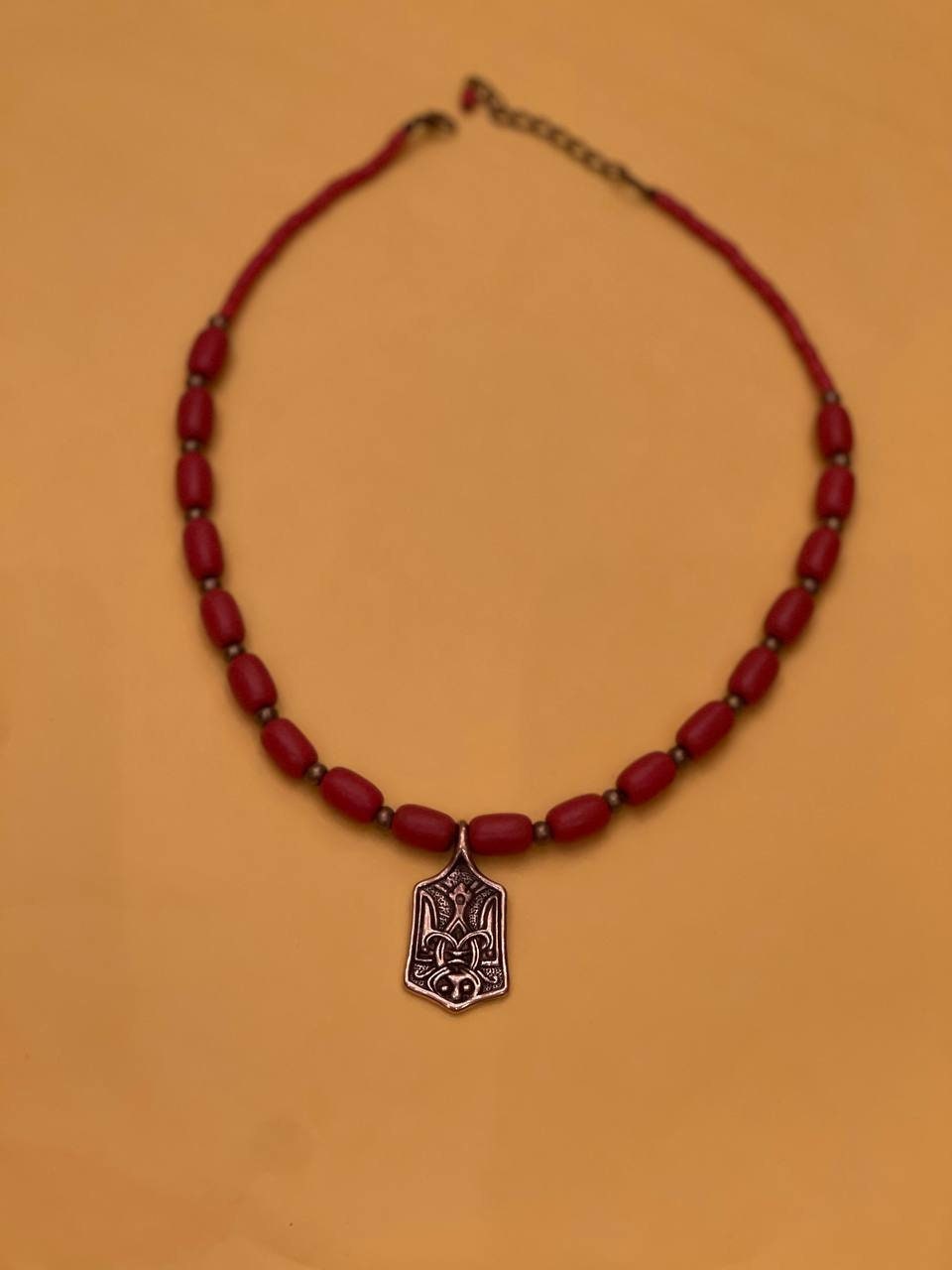 Ukrainian Emblem Ceramic Necklace with Antique Fireplace Beads