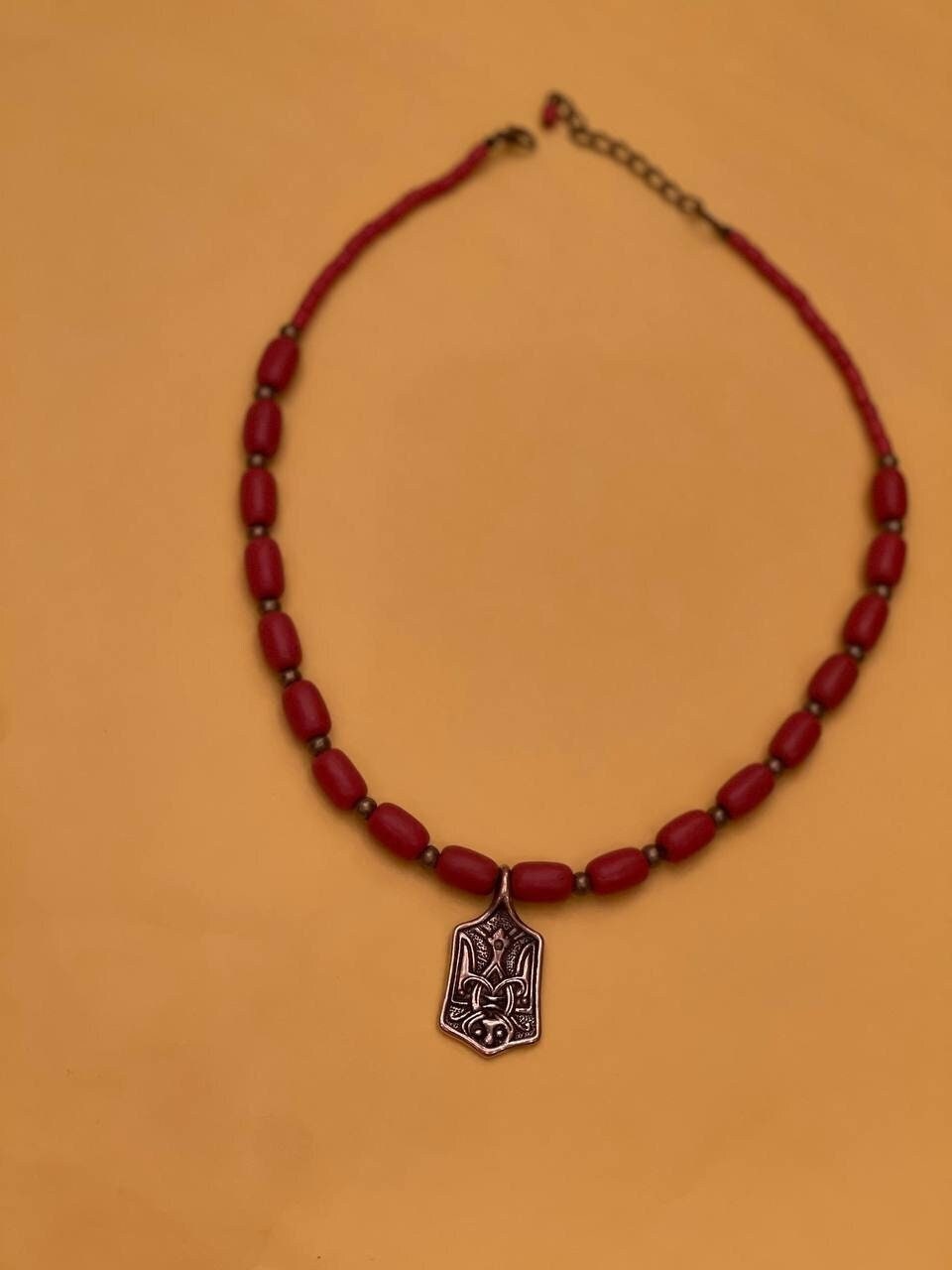 Ukrainian Emblem Ceramic Necklace with Antique Fireplace Beads