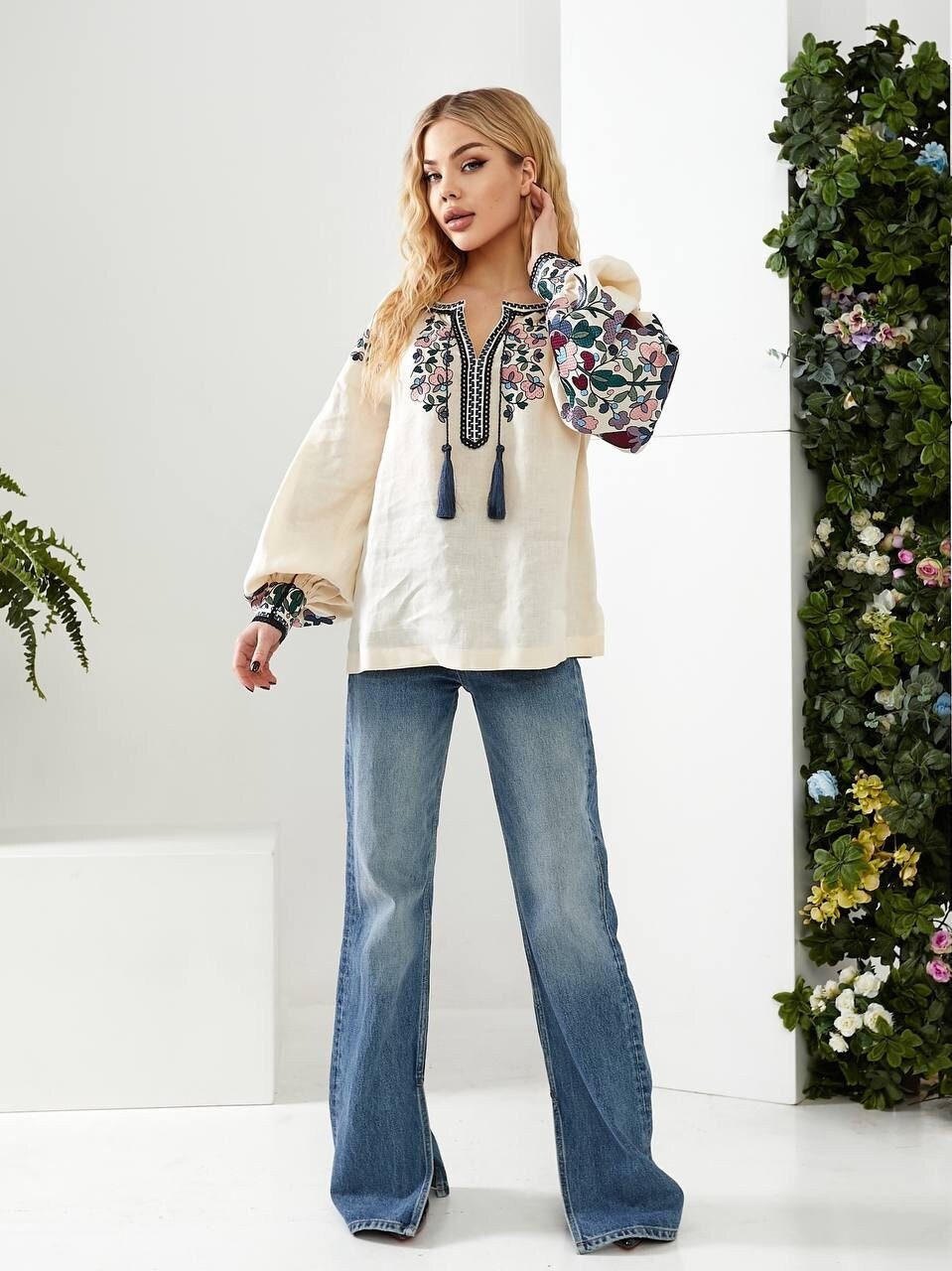 Milk-Colored Ukrainian Vyshyvanka Blouse - Bohemian Ethnic Shirt