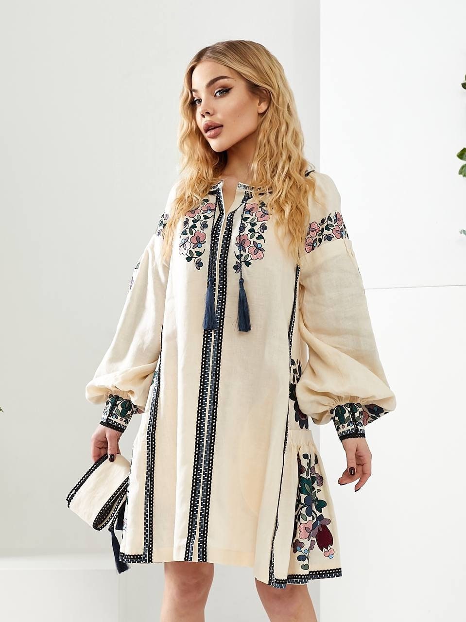 Milk-Colored Linen Embroidered Ukrainian Vyshyvanka Dress - Ethnic Boho Caftan