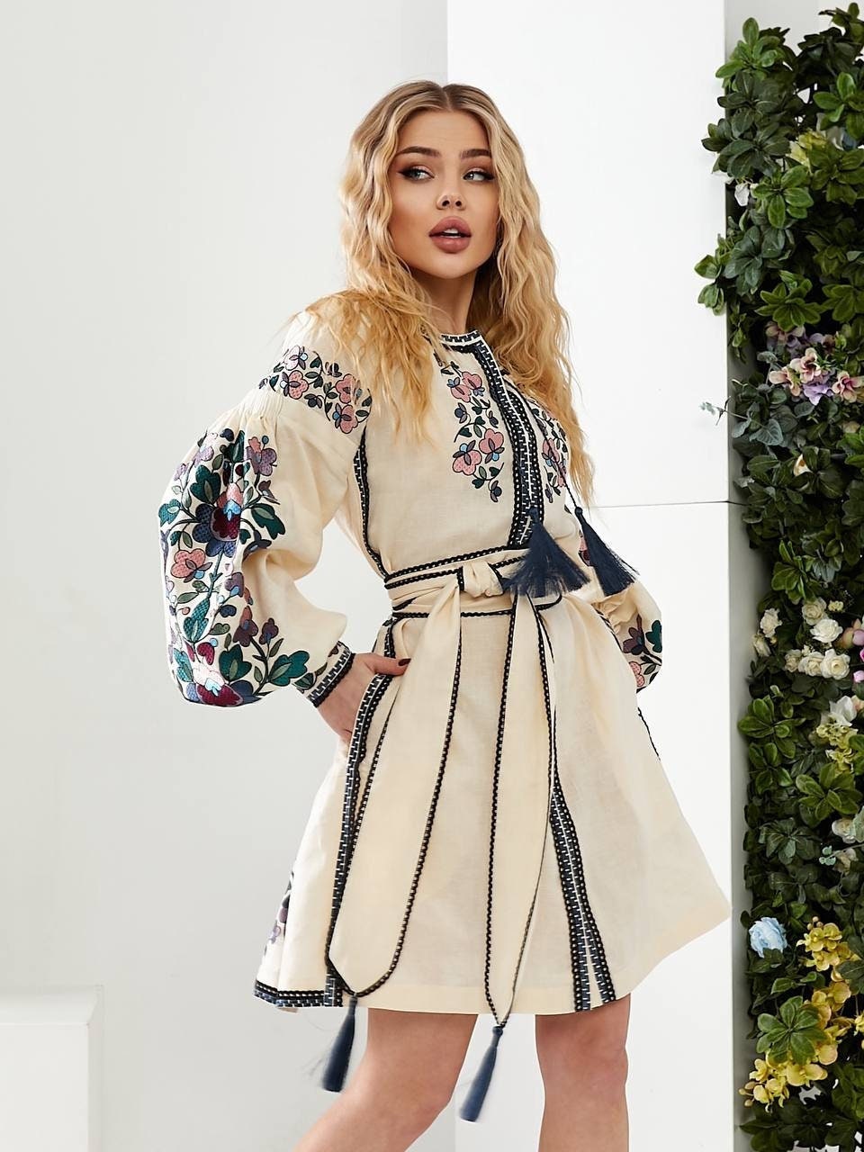 Milk-Colored Linen Embroidered Ukrainian Vyshyvanka Dress - Ethnic Boho Caftan