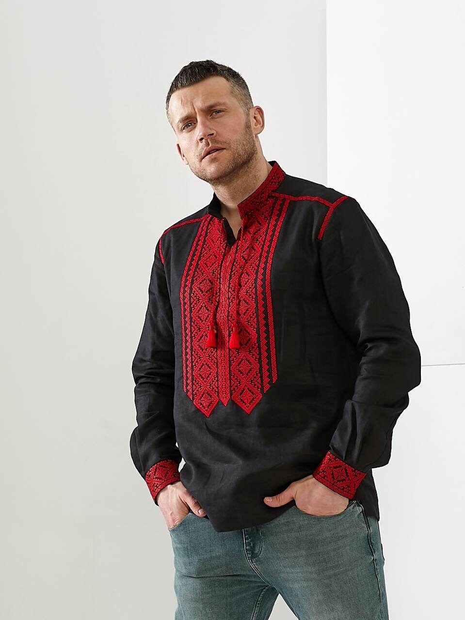 Men's Black Ukrainian Vyshyvanka with Red Embroidery