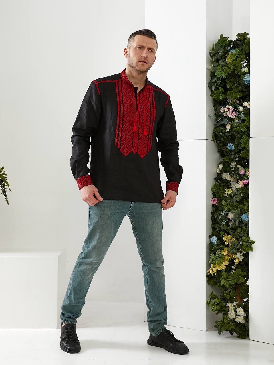 Men's Black Ukrainian Vyshyvanka Shirt with Red Embroidery