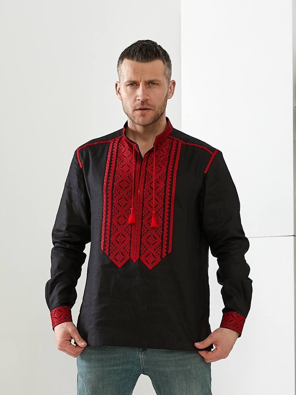 Men's Black Ukrainian Vyshyvanka Shirt with Red Embroidery