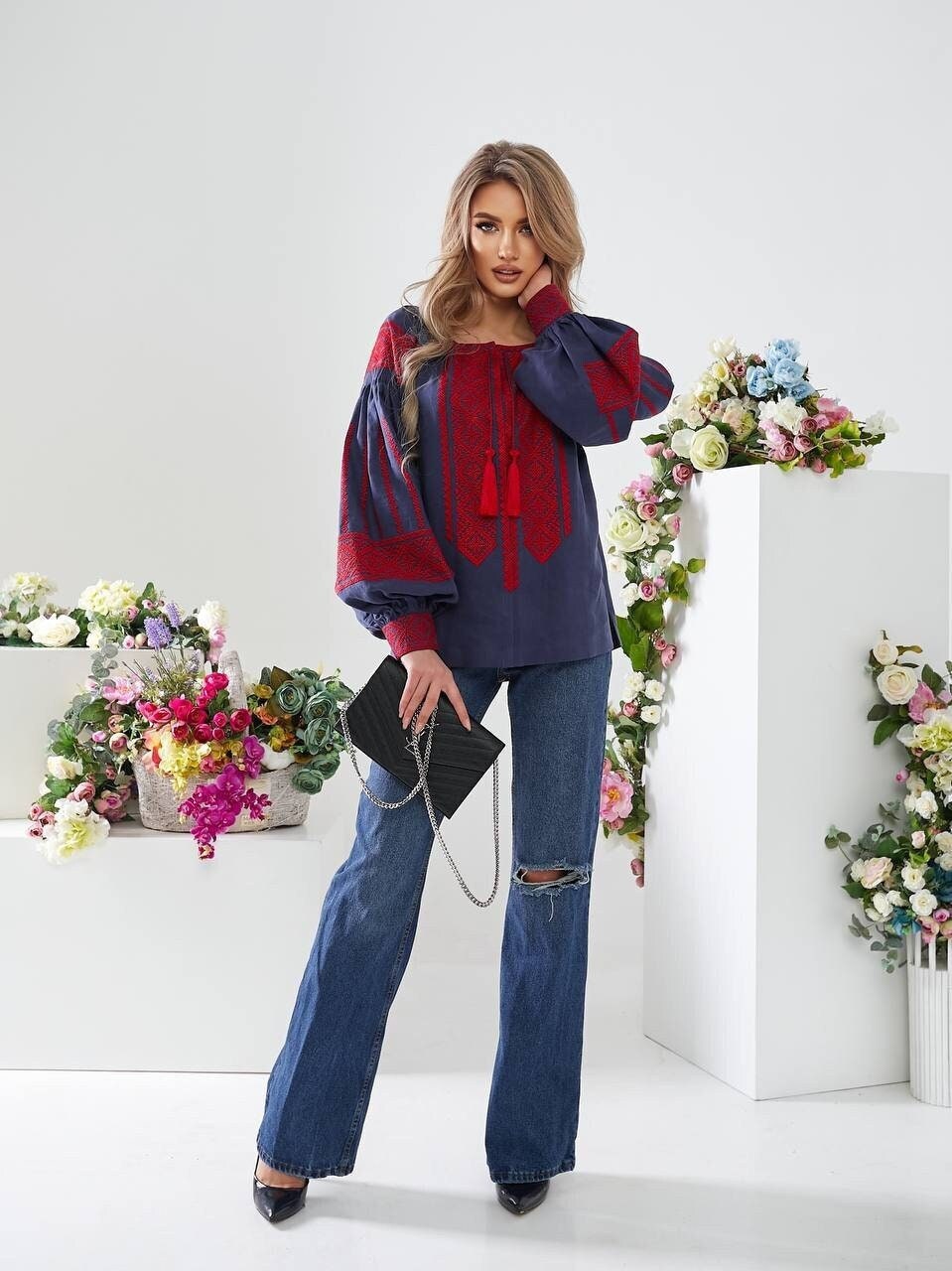 Blue Ukrainian Vyshyvanka Blouse | Red Embroidered Bohemian Ethnic Shirt