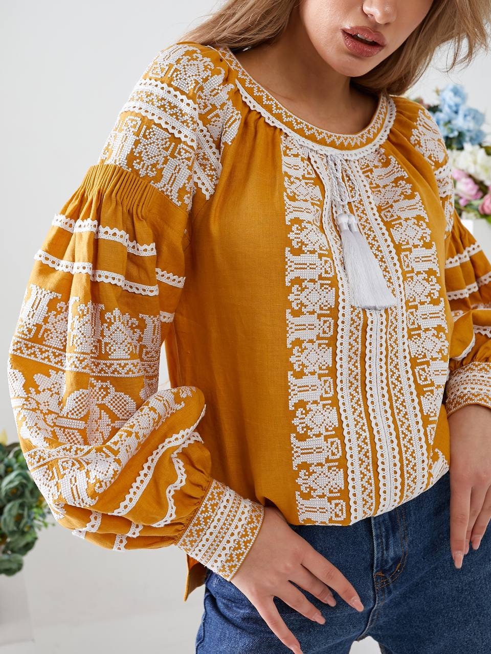 Yellow Ukrainian Vyshyvanka Blouse – White Embroidery Bohemian Ethnic Shirt