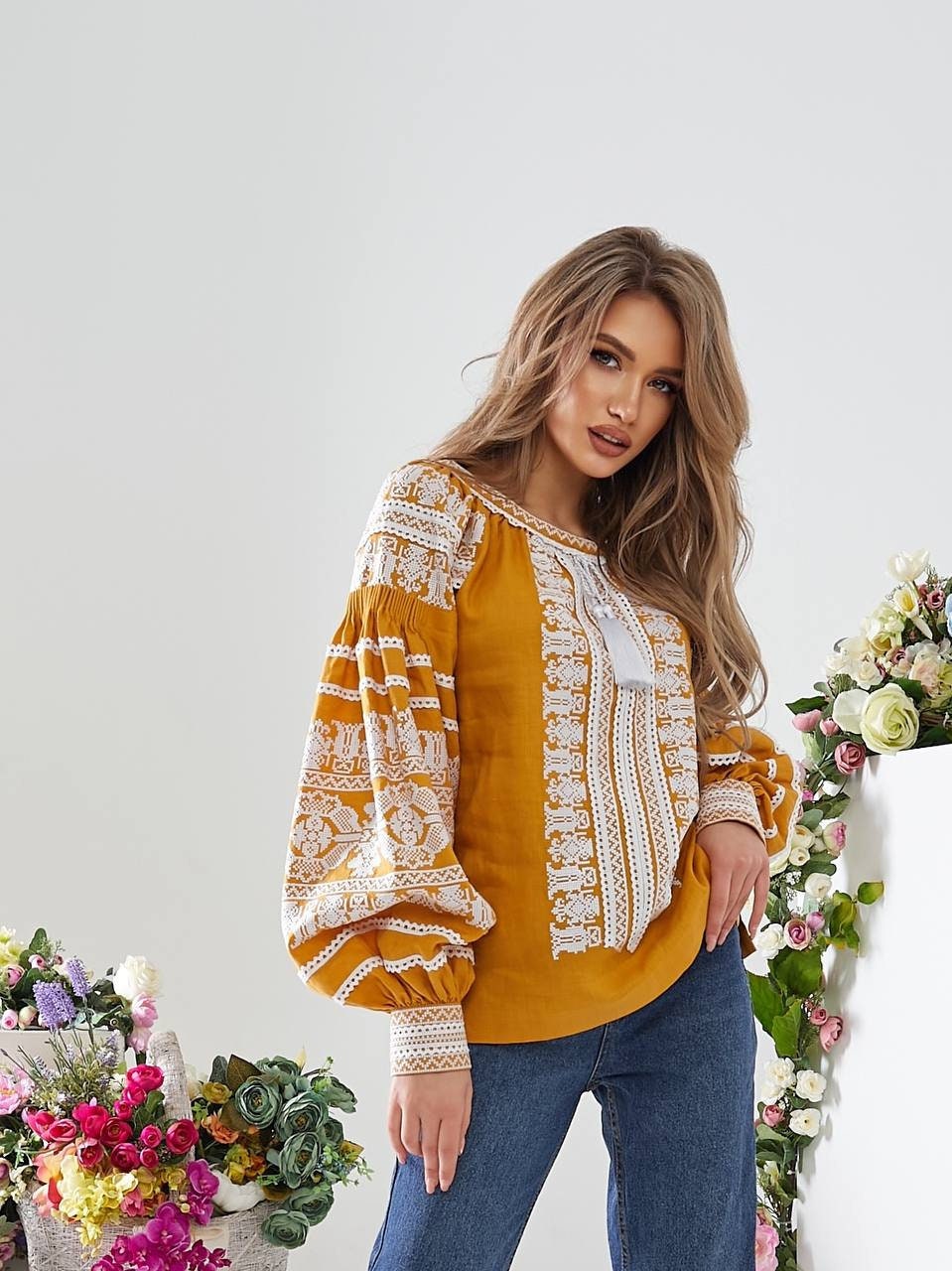 Yellow Ukrainian Vyshyvanka Blouse – White Embroidery Bohemian Ethnic Shirt