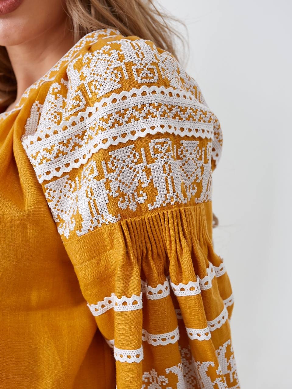 Yellow Ukrainian Vyshyvanka Blouse – White Embroidery Bohemian Ethnic Shirt