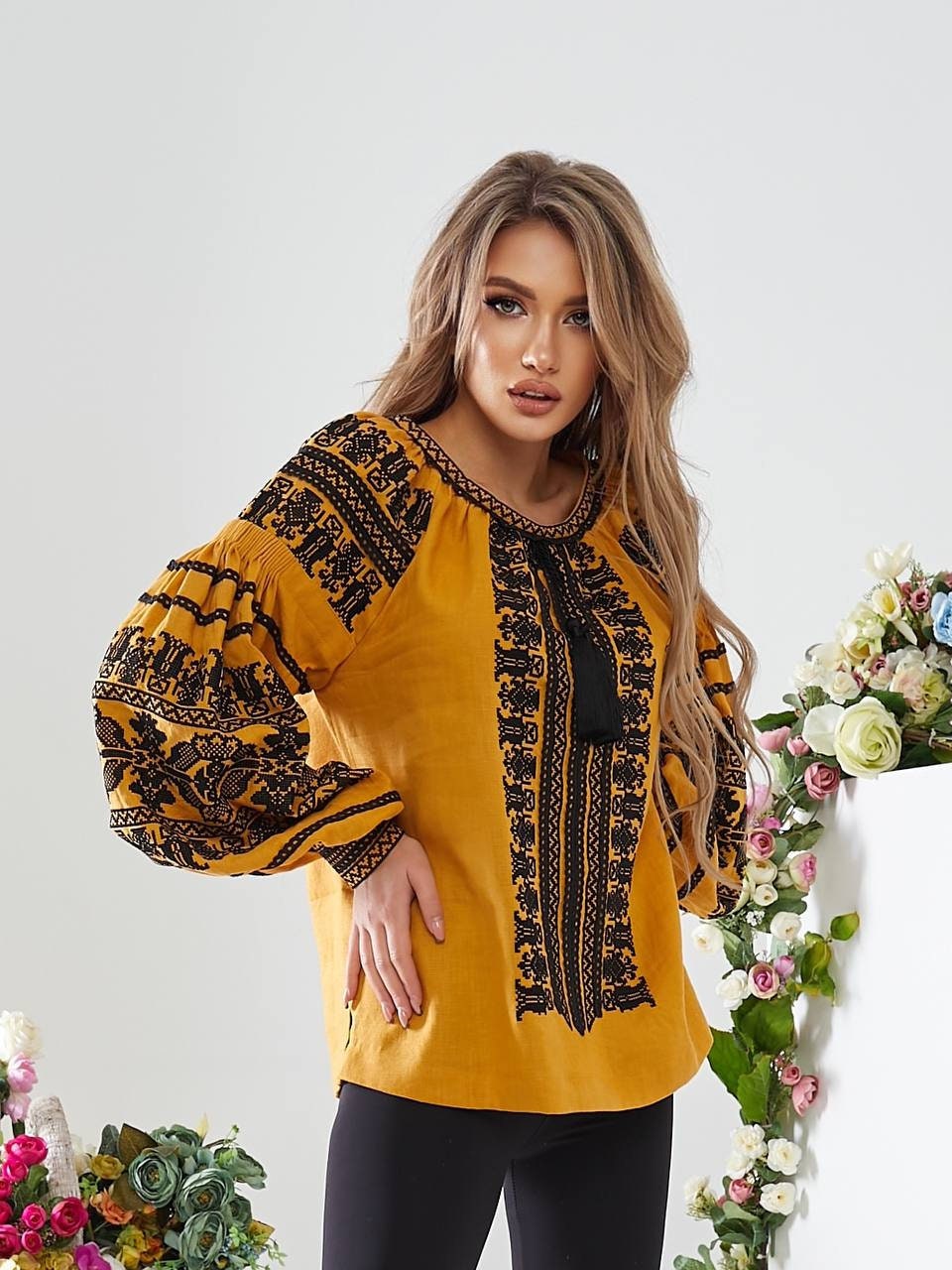 Yellow Ukrainian Vyshyvanka Blouse with Black Embroidery - Bohemian Ethnic Shirt