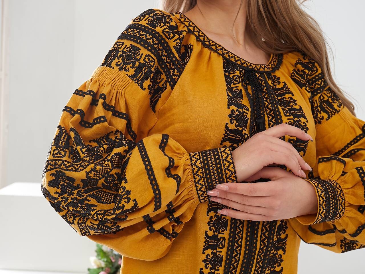 Yellow Ukrainian Embroidered Vyshyvanka with Black Embroidery - Bohemian Ethnic Shirt for Women