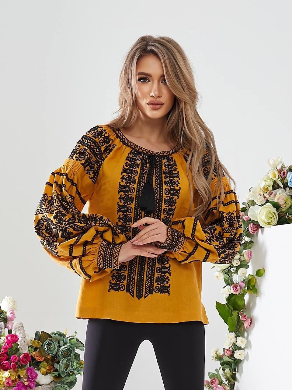 Yellow Ukrainian Embroidered Vyshyvanka with Black Embroidery - Bohemian Ethnic Shirt for Women