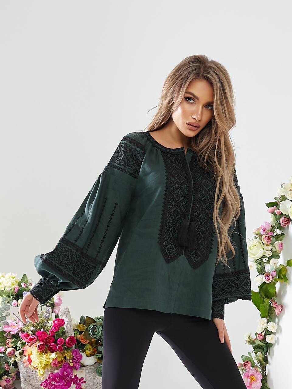 Green Embroidered Vyshyvanka Blouse - Ukrainian Linen Women's Clothing