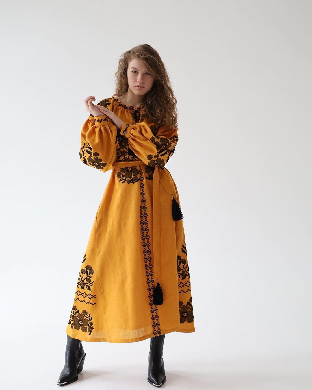 Yellow Linen Embroidered Ukrainian Vyshyvanka Caftan Dress - Boho Style for Easter
