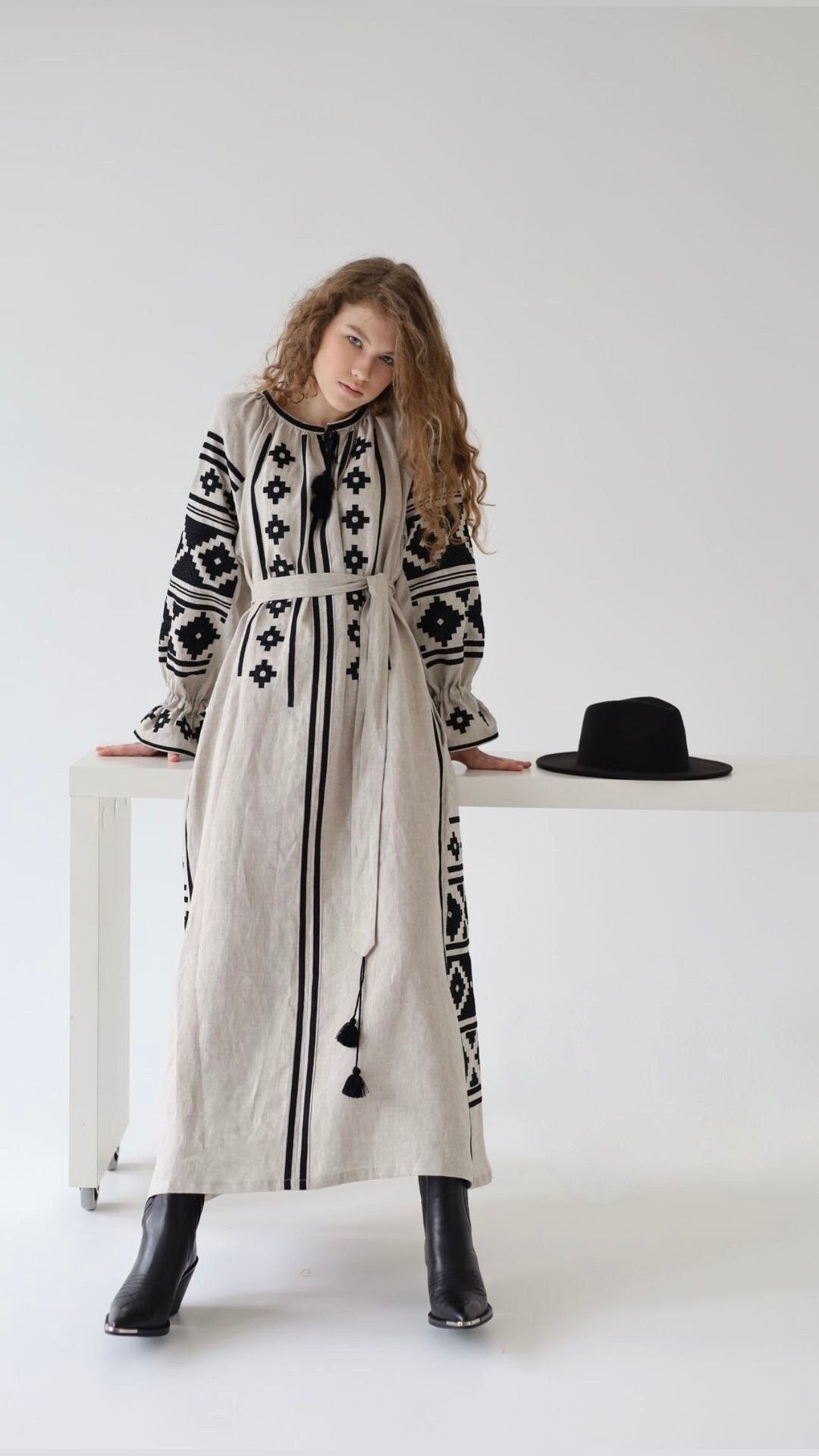 Beige Linen Embroidered Ukrainian Vyshyvanka Dress - Boho Ethnic Caftan for Easter