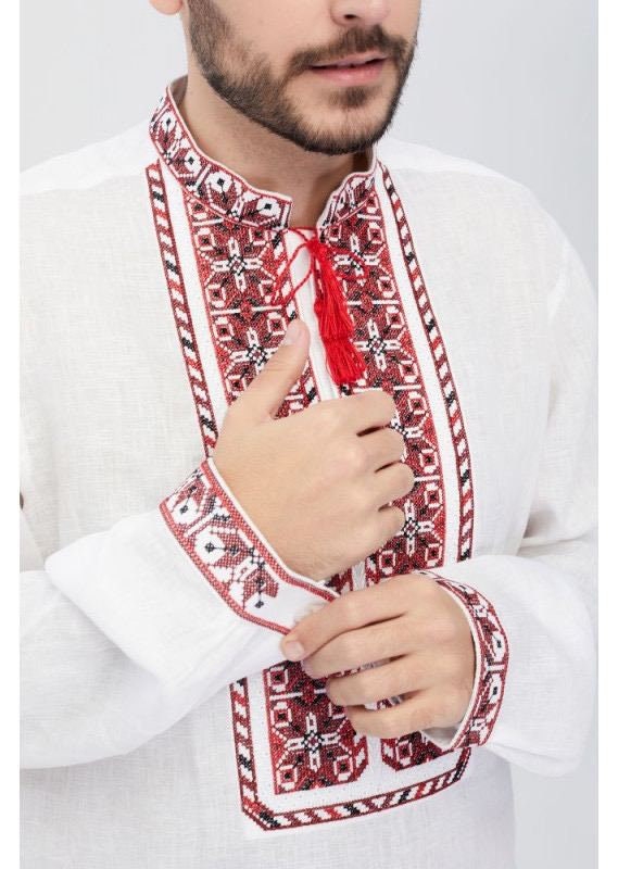 2025 White Linen Vyshyvanka Shirt for Men with Red Embroidery