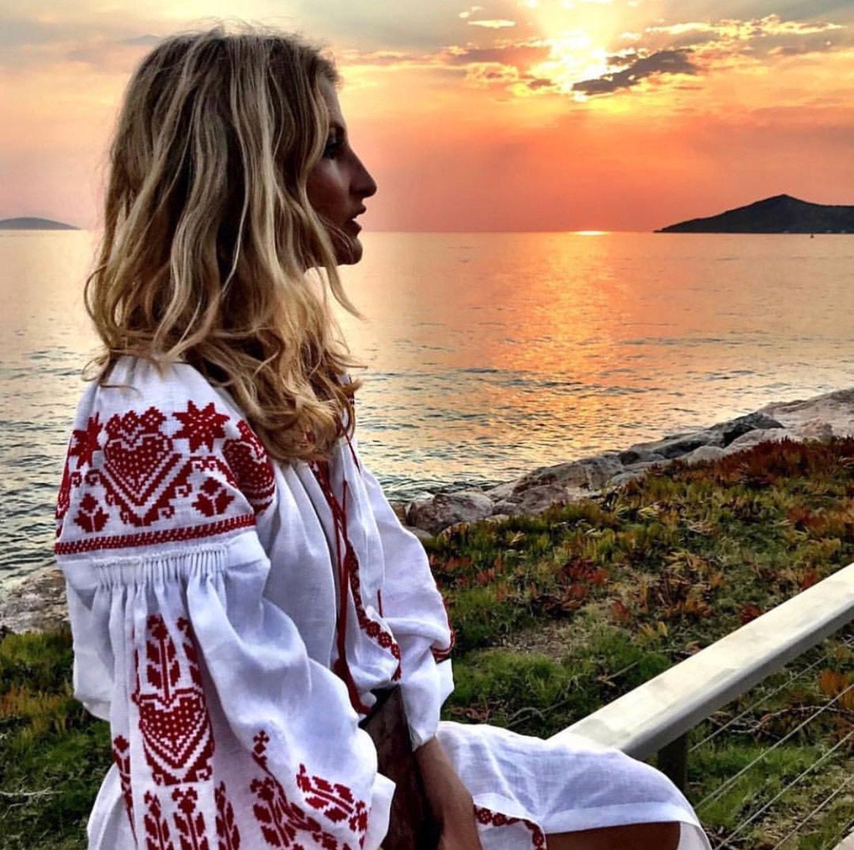 White Embroidered Ukrainian Vyshyvanka Linen Dress for Women