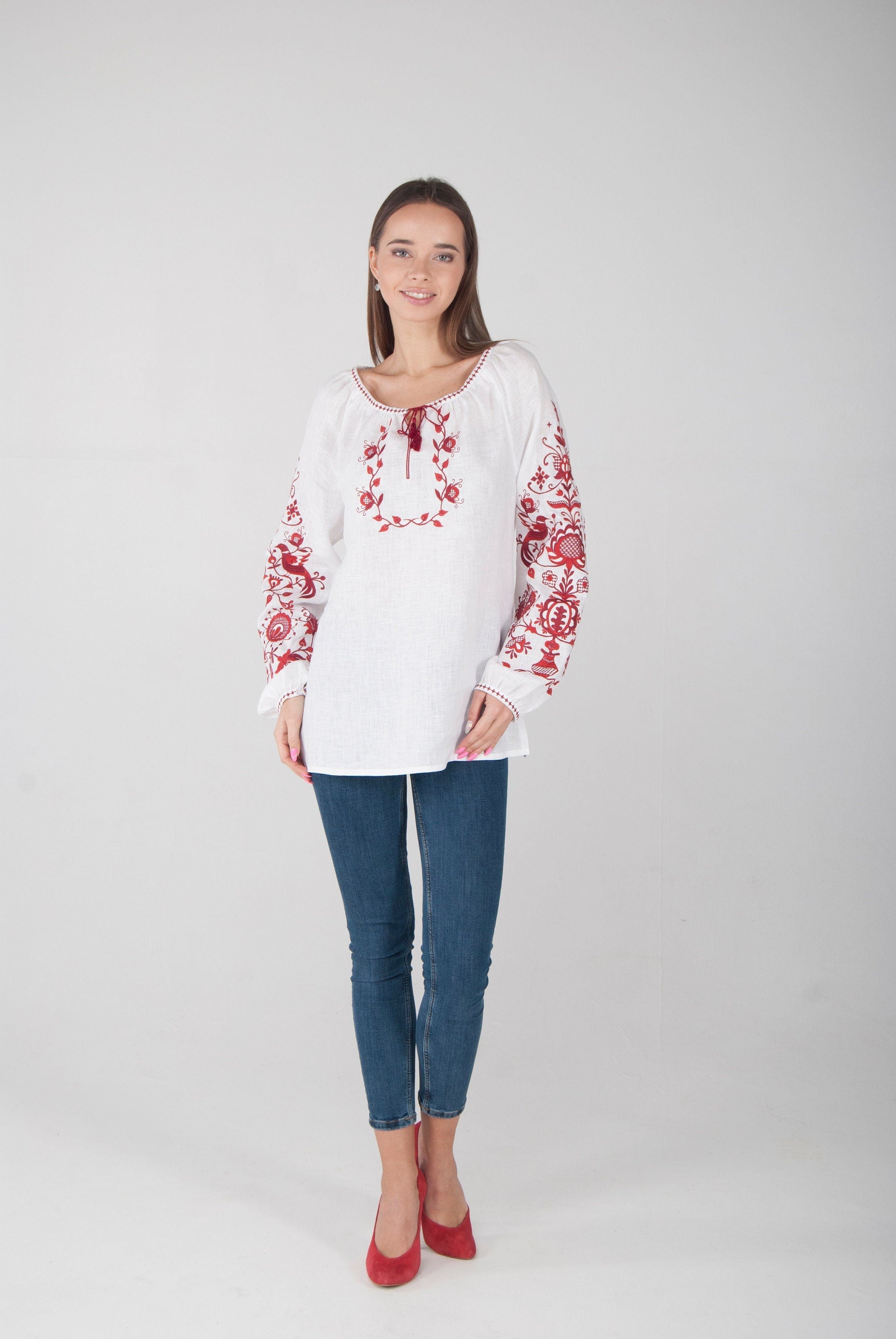 Ukrainian Embroidered Linen Vyshyvanka Blouse for Women