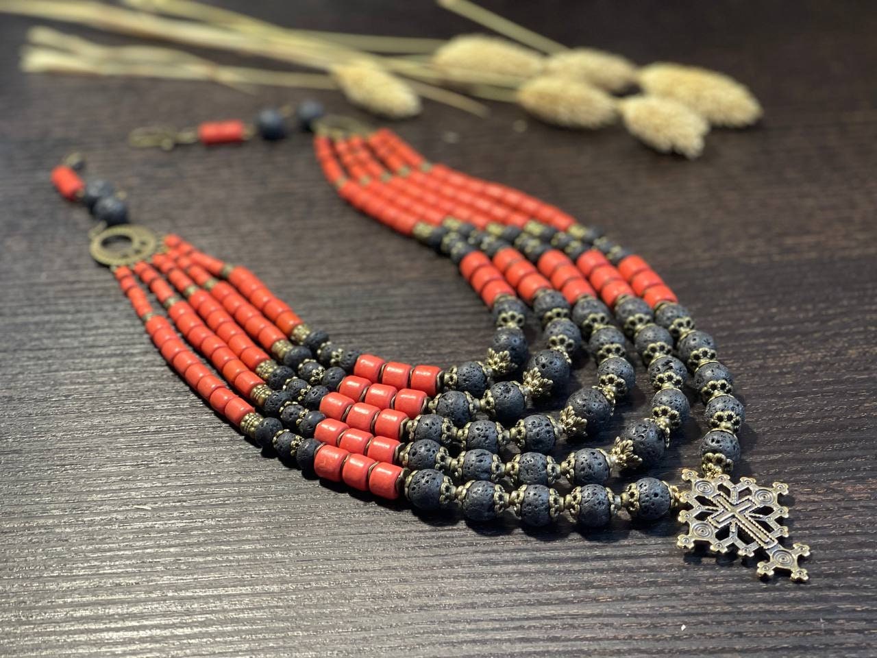 2025 Ukrainian Traditional Red and Black Ceramic Necklace with Cross - Ethnic Antique Fireplace Beads Jewelry
