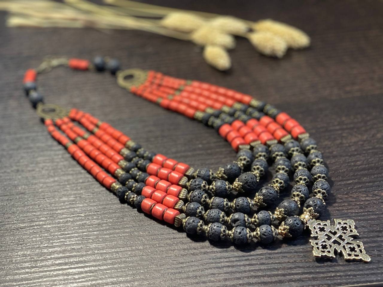 2025 Ukrainian Traditional Ceramic Necklace with Antique Fireplace Beads and Cross - Ethnic Jewelry from Ukraine