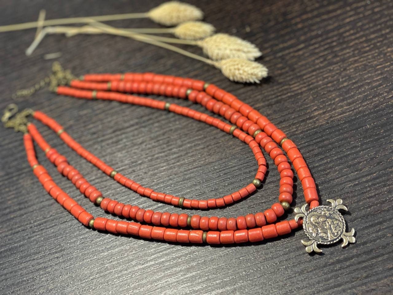 Ukrainian Traditional Mother of God Necklace - Handmade Brass & Kosiv Ceramic Pendant