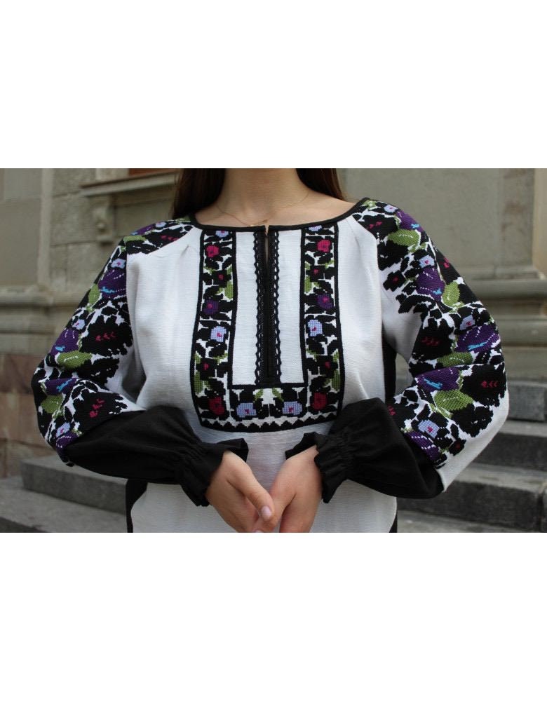 "Borshchivska White Ukrainian Hand Embroidered Vyshyvanka Blouse - Ethnic Floral Design"