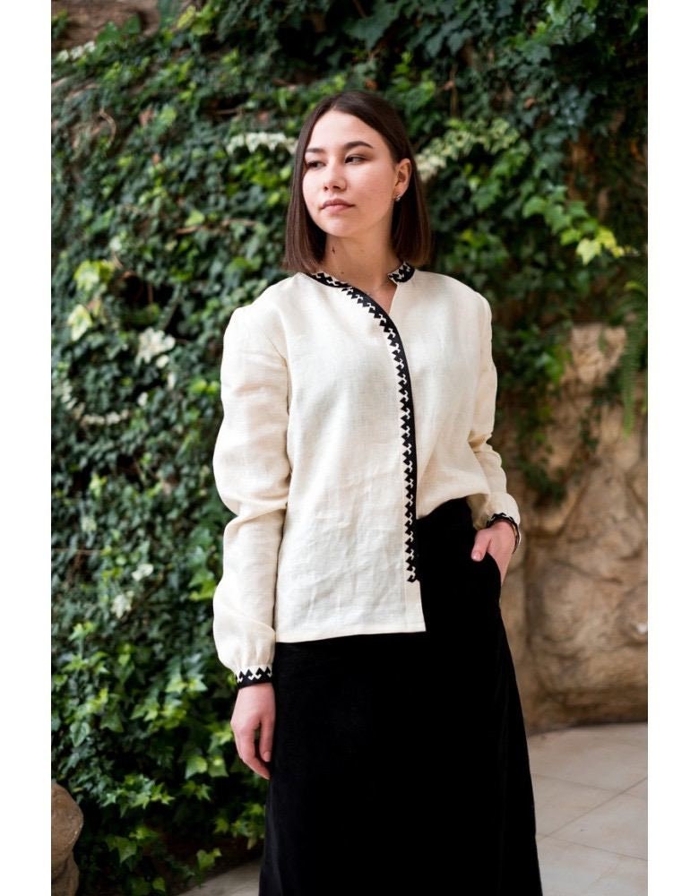 Classic Beige Ukrainian Vyshyvanka Blouse - Embroidered Women's Ethnic Spring Top