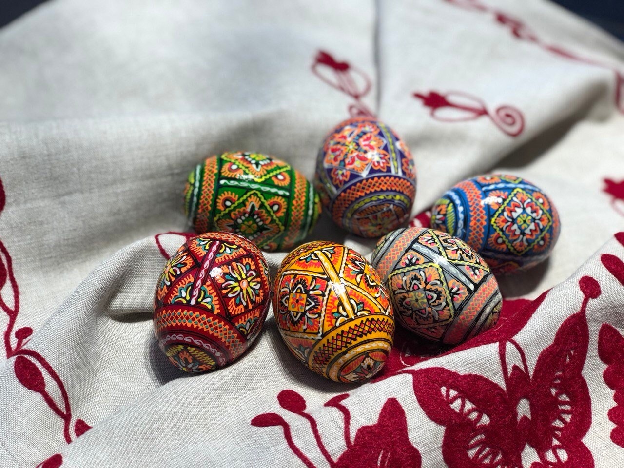 Set of 6 Hand-Painted Ukrainian Pysanky Wooden Eggs - Easter & Christmas Ornaments, Handmade Souvenirs