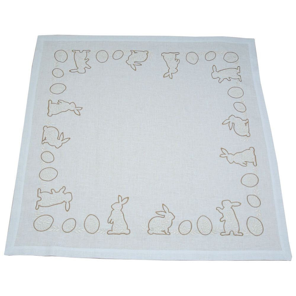 "Easter Mood Tablecloth 88x88 cm White Linen with Ukrainian Rabbit Embroidery"