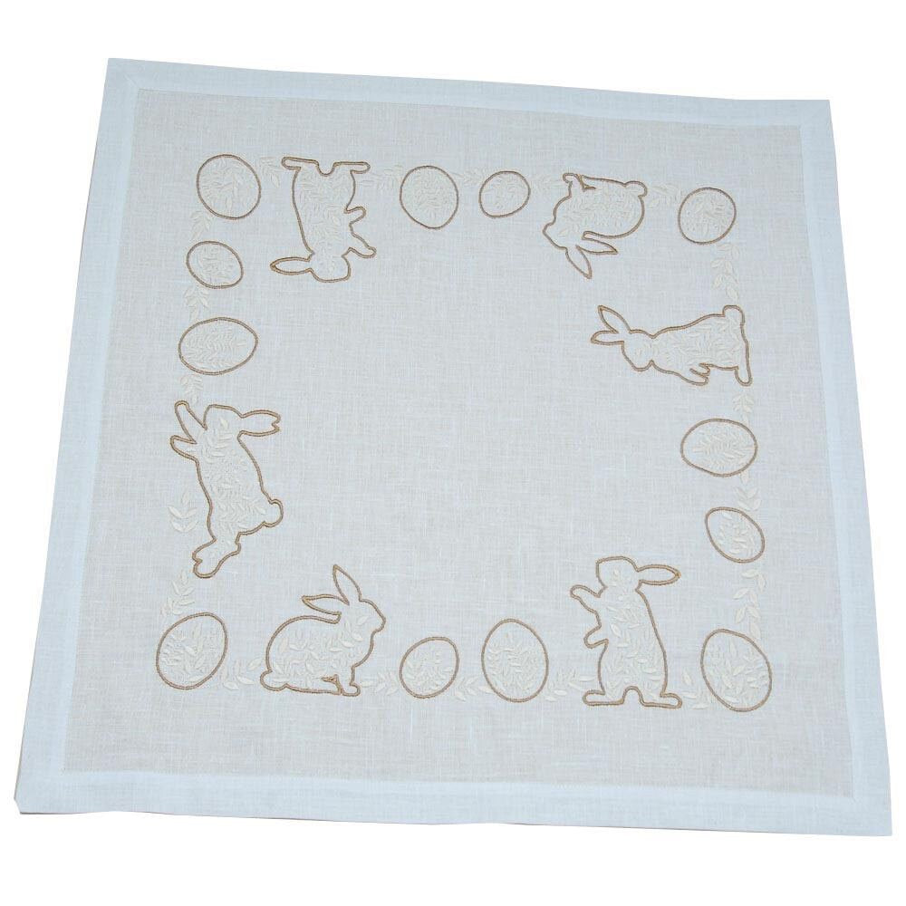 Easter Mood Embroidered Tabletop Set 64x64 cm with 4 White Linen Napkins - Ukrainian Rabbit Design