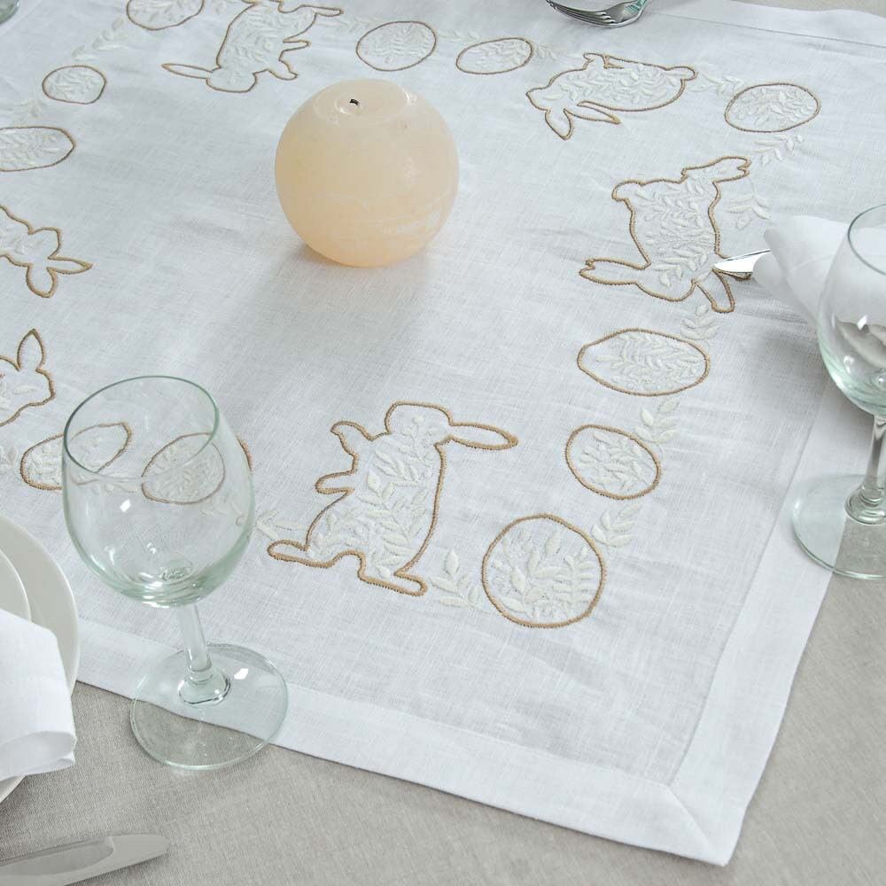 Easter Mood Embroidered Tabletop Set 64x64 cm with 4 White Linen Napkins - Ukrainian Rabbit Design