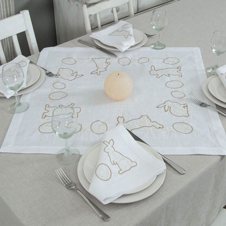 Easter Mood Embroidered Tabletop Set 64x64 cm with 4 White Linen Napkins - Ukrainian Rabbit Design