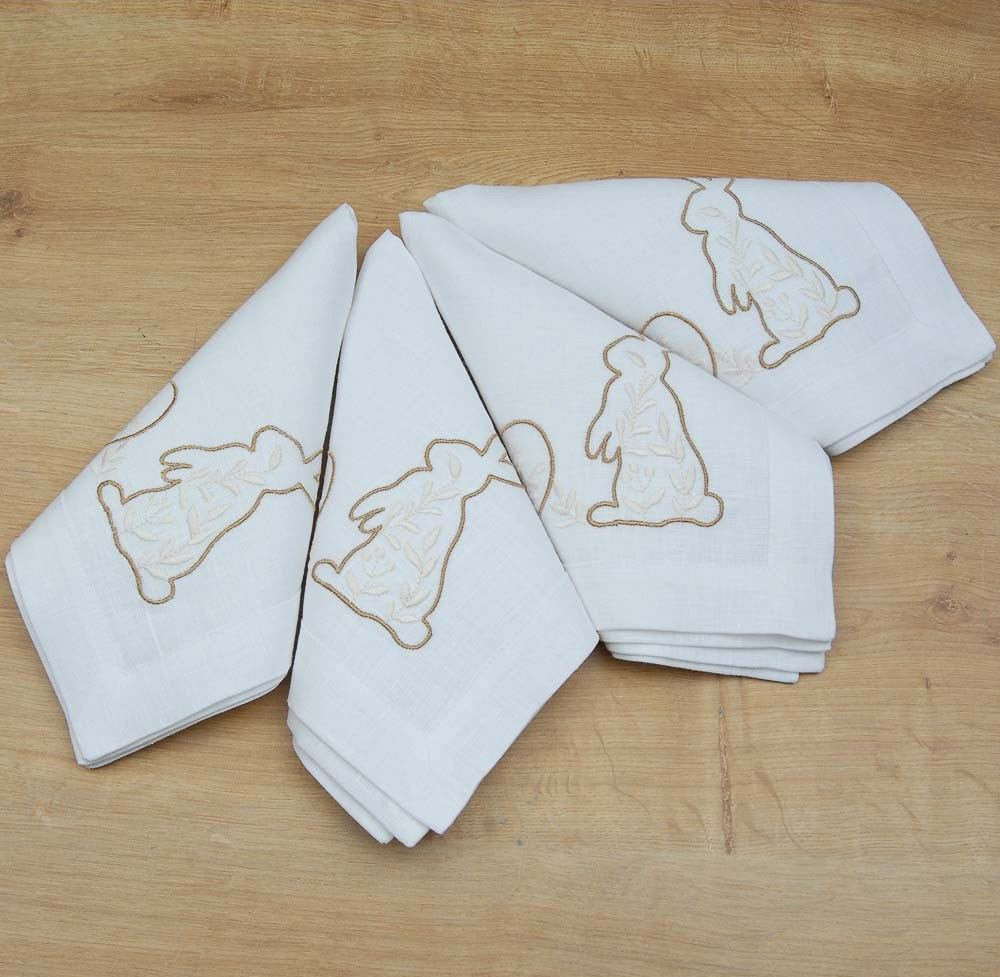 Easter Mood Embroidered Tabletop Set 64x64 cm with 4 White Linen Napkins - Ukrainian Rabbit Design