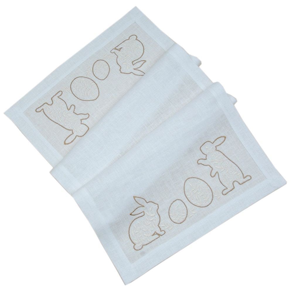 "Easter Mood White Linen Tabletop 88x40 CM with Ukrainian Rabbit Embroidery"