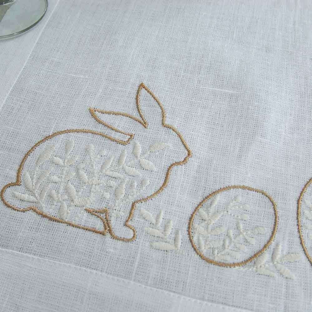 "Easter Mood White Linen Tabletop 88x40 CM with Ukrainian Rabbit Embroidery"
