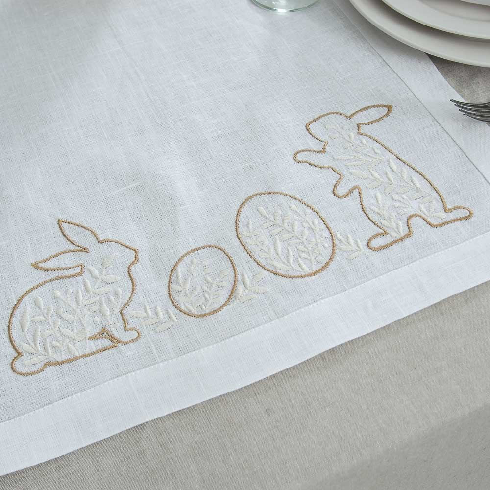 "Easter Mood White Linen Tabletop 88x40 CM with Ukrainian Rabbit Embroidery"