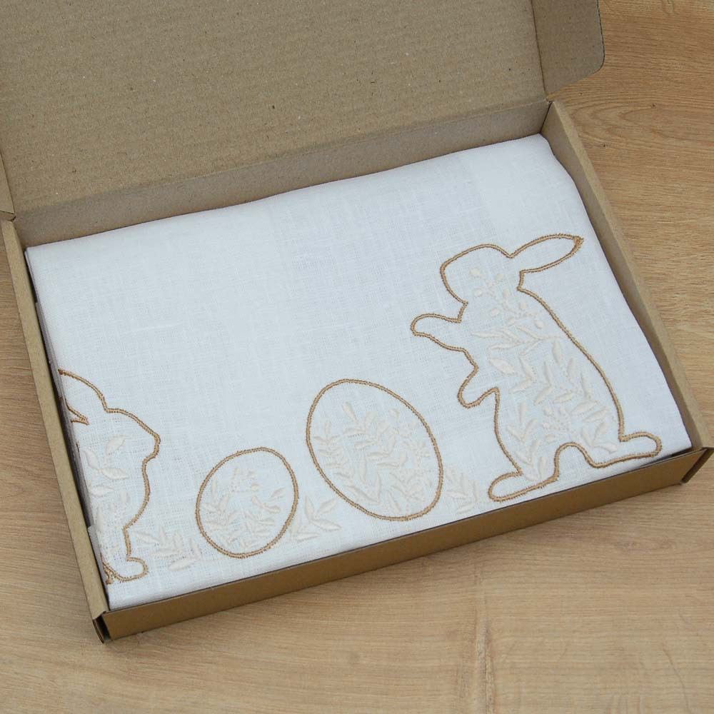"Easter Mood White Linen Tabletop 88x40 CM with Ukrainian Rabbit Embroidery"