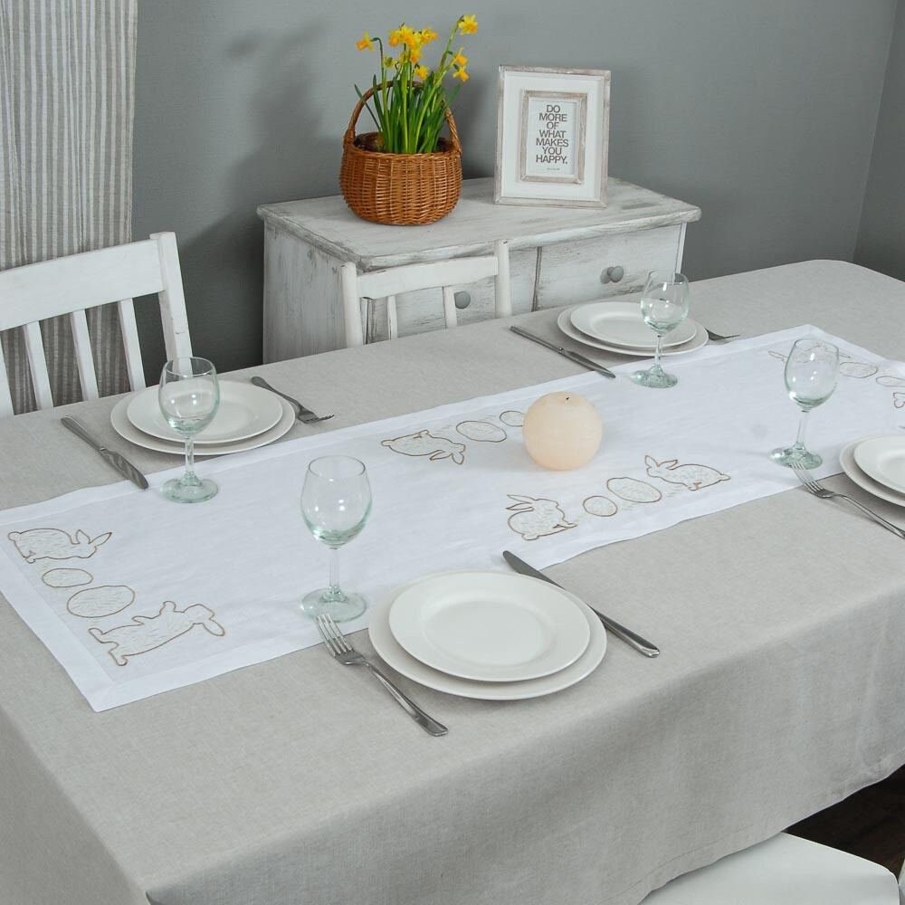 "Easter Mood White Linen Tablecloth 136x40cm with Ukrainian Rabbit Embroidery"