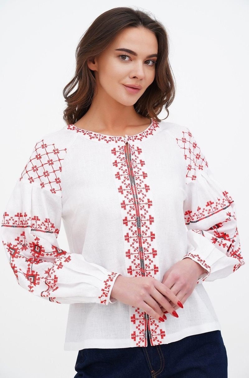 White Ukrainian Embroidered Boho Vyshyvanka Blouse for Women