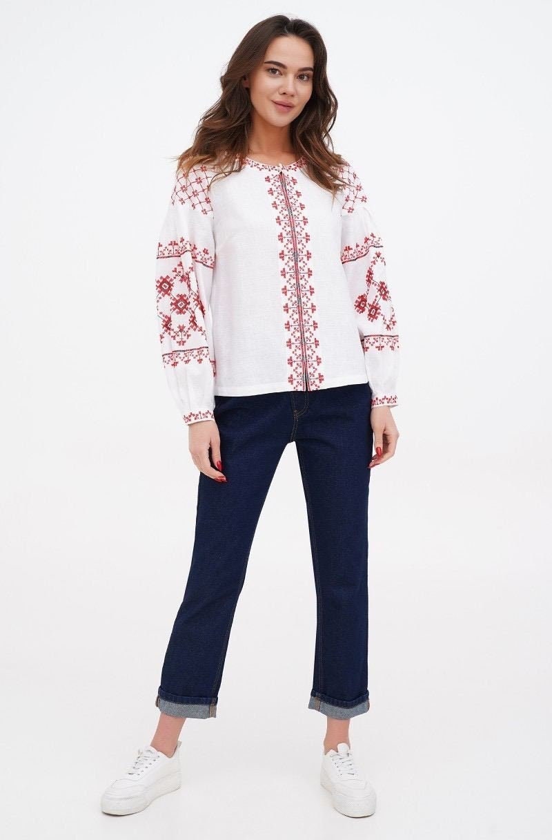 White Ukrainian Embroidered Boho Vyshyvanka Blouse for Women