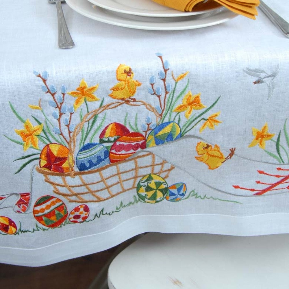 Embroidered Ukrainian Linen Tablecloth 140x140 CM for Easter