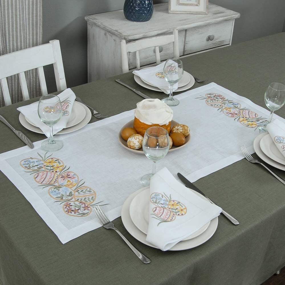 White Linen Tabletop 88x40cm with 4 Napkins - "Easter Mood" Ukrainian Embroidery