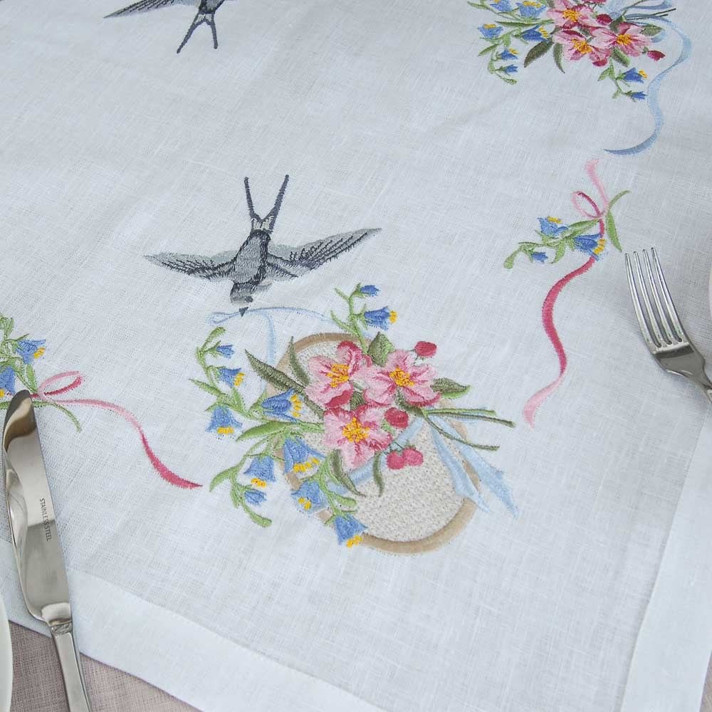 "Swallow Tablecloth 65x65 cm White Linen Ukrainian Embroidery"