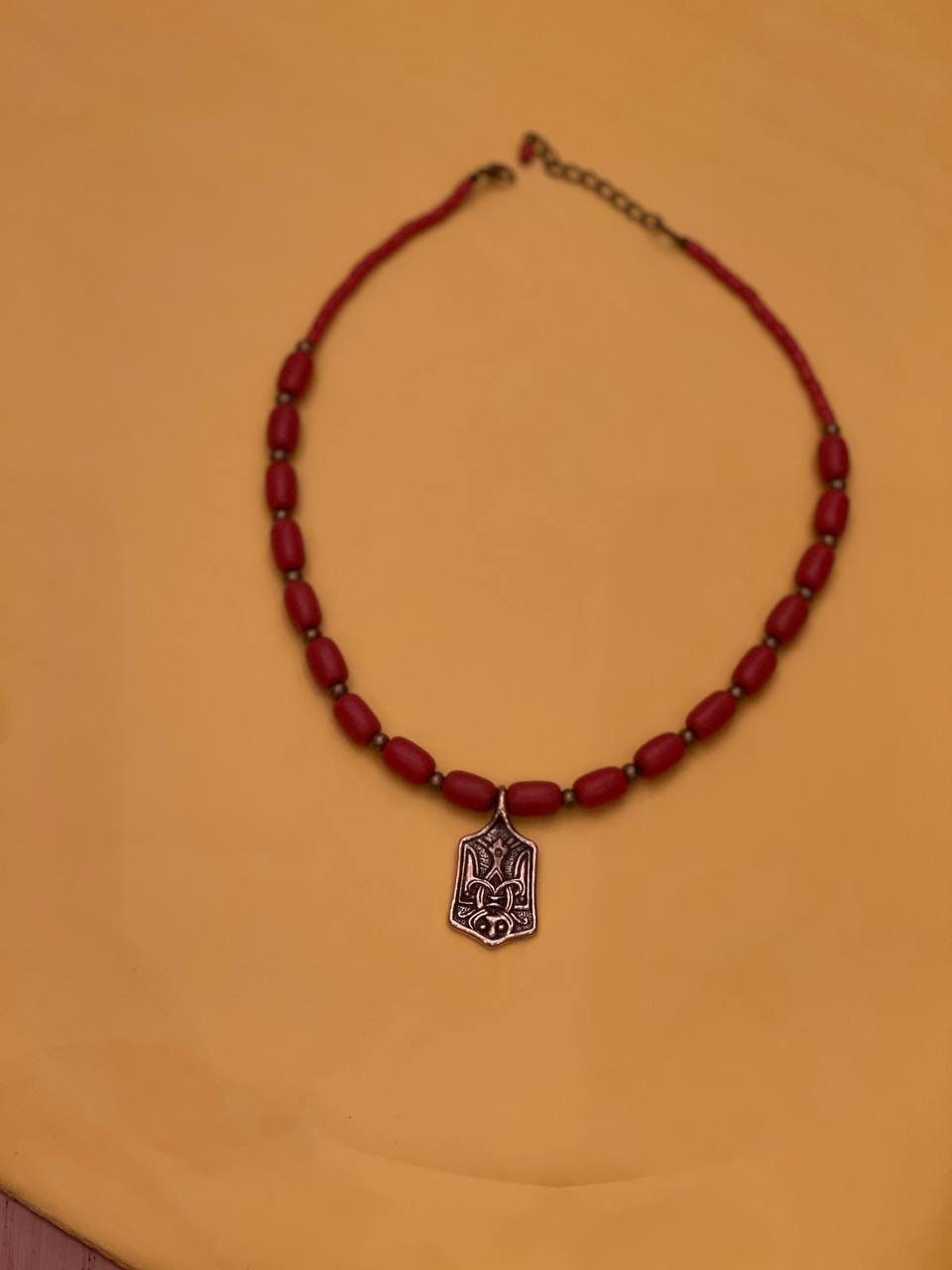 Ukrainian Emblem Ceramic Necklace with Antique Fireplace Beads